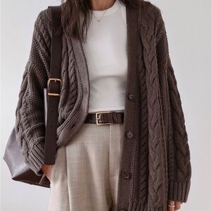 Quince100% Organic Cotton Oversized Cable Knit Cardigan – Heather Brown – Size S